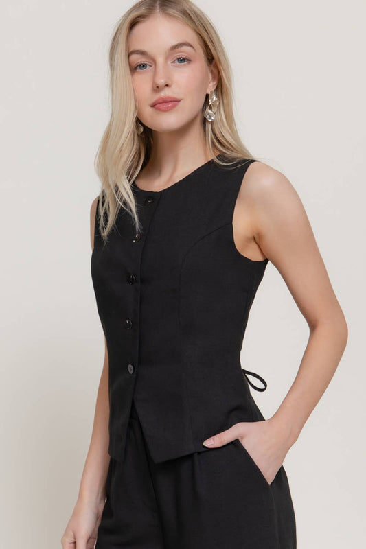 Round Neck Front Buttons Linen Effect Vest