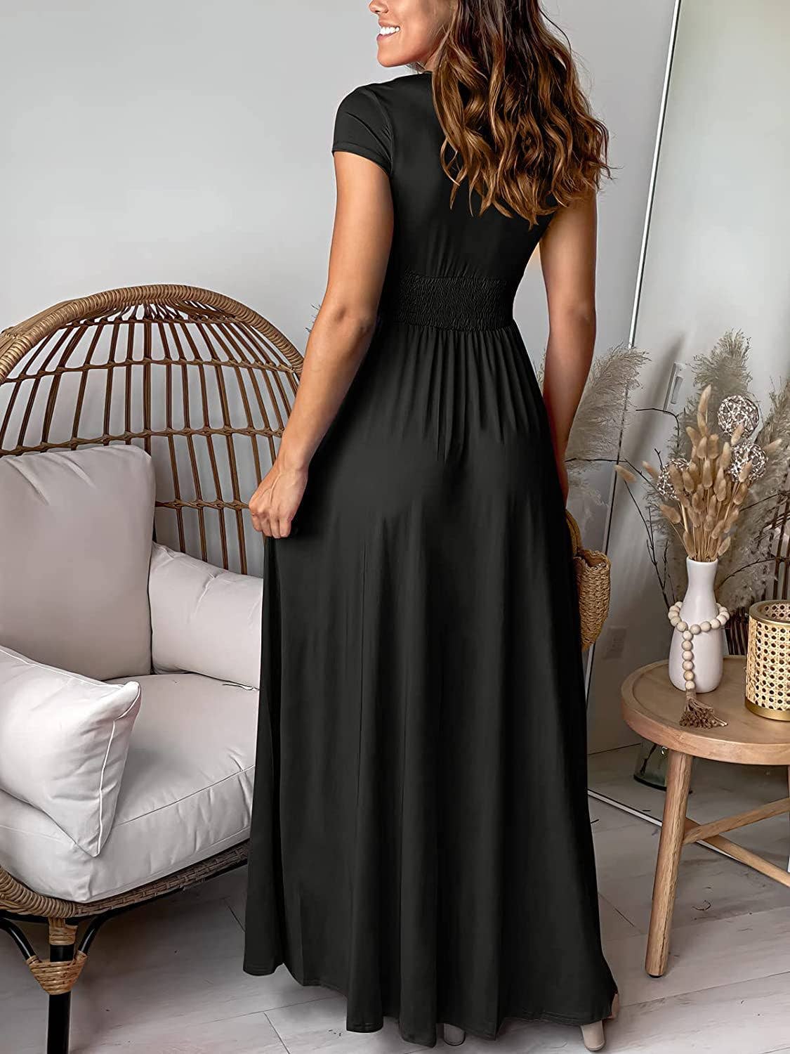 High-Waisted, Slit Pleated V-Neck Long Dress