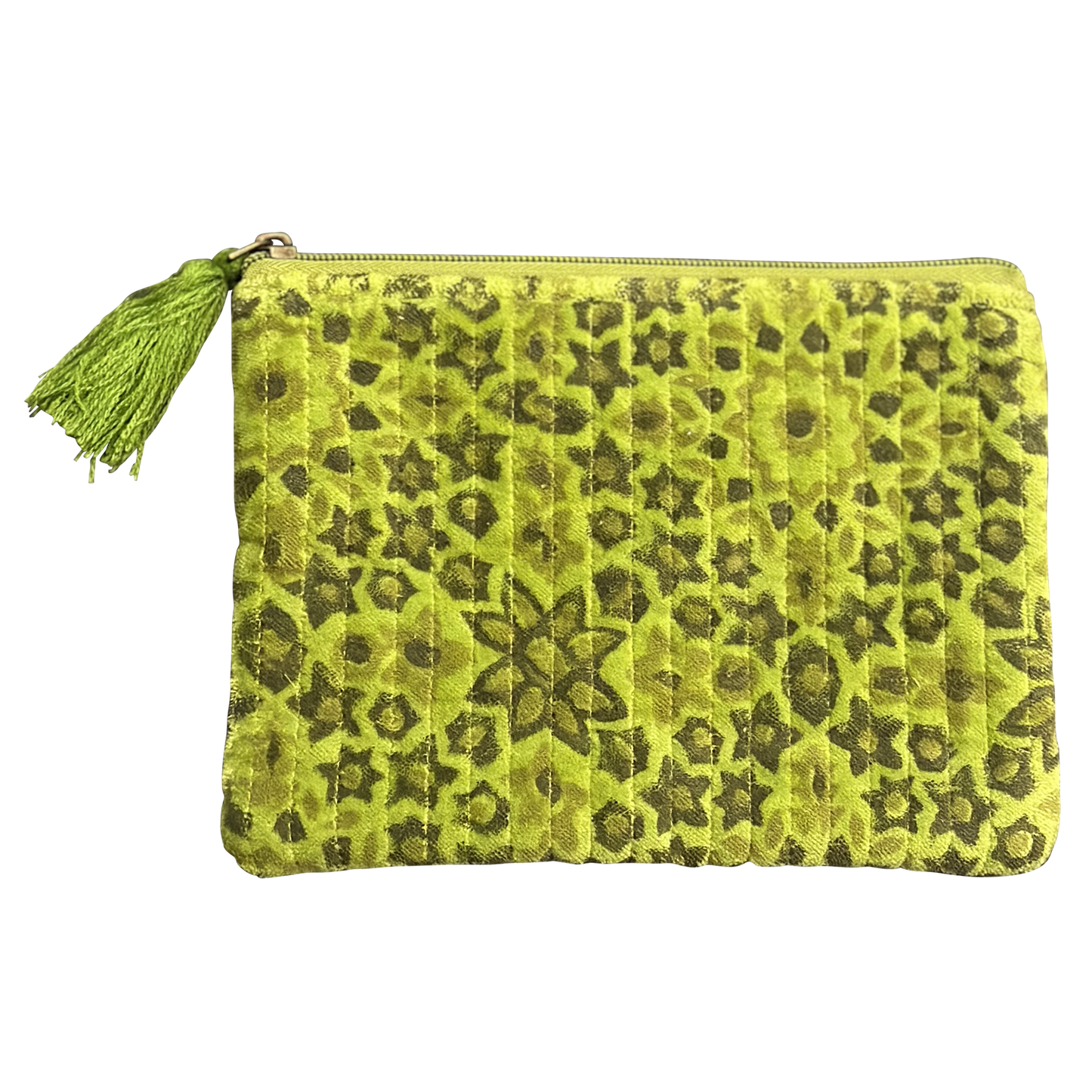 Spring Green Block Print and Quilted Floral Pouches - Large