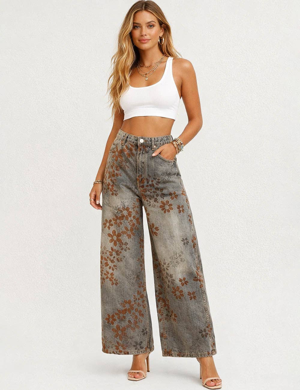 Ladies Velvet Floral Wide Barrel leg Denim Jean Pants