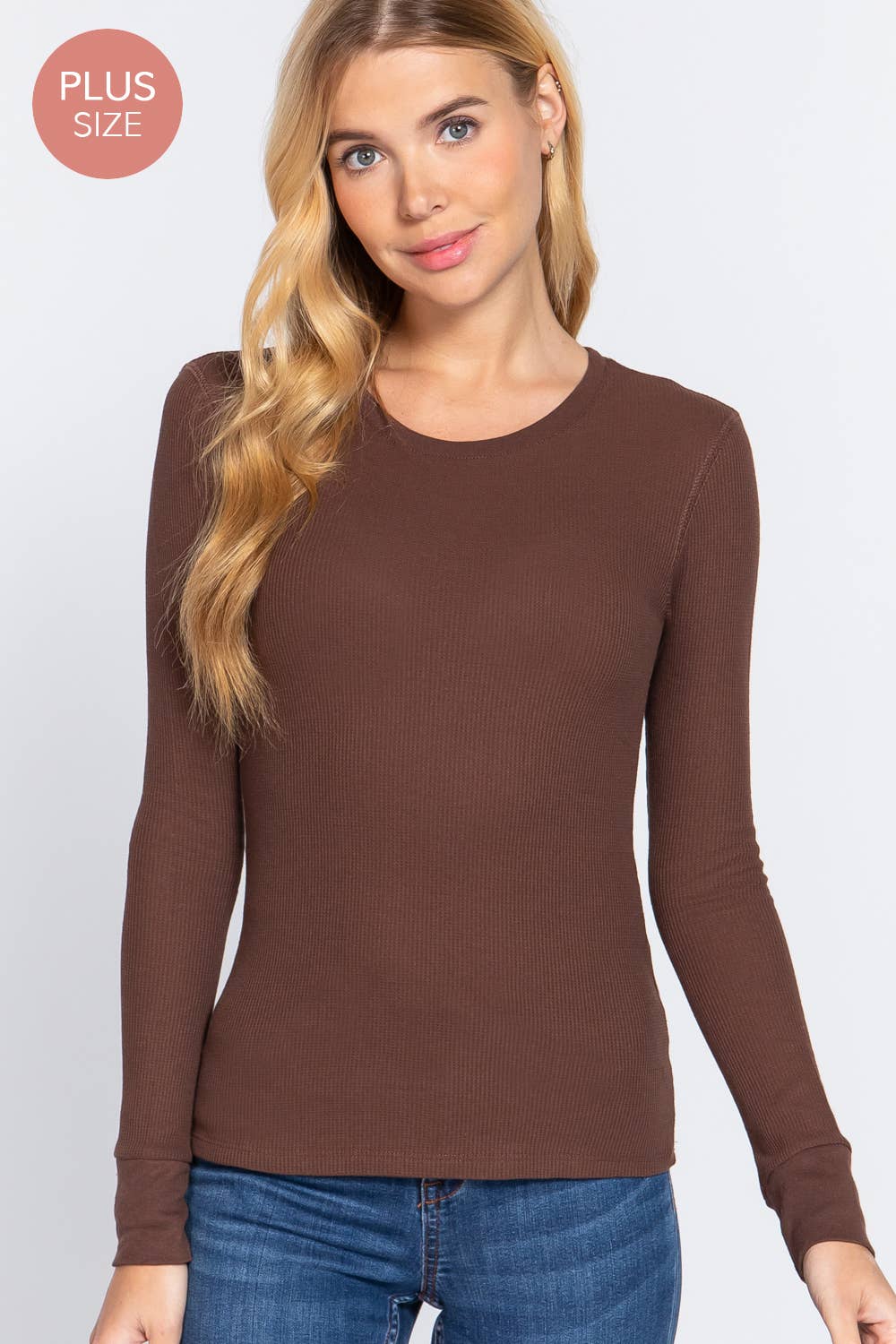 [PLUS SIZE] Long Sleeve Crew Neck Thermal Knit Top