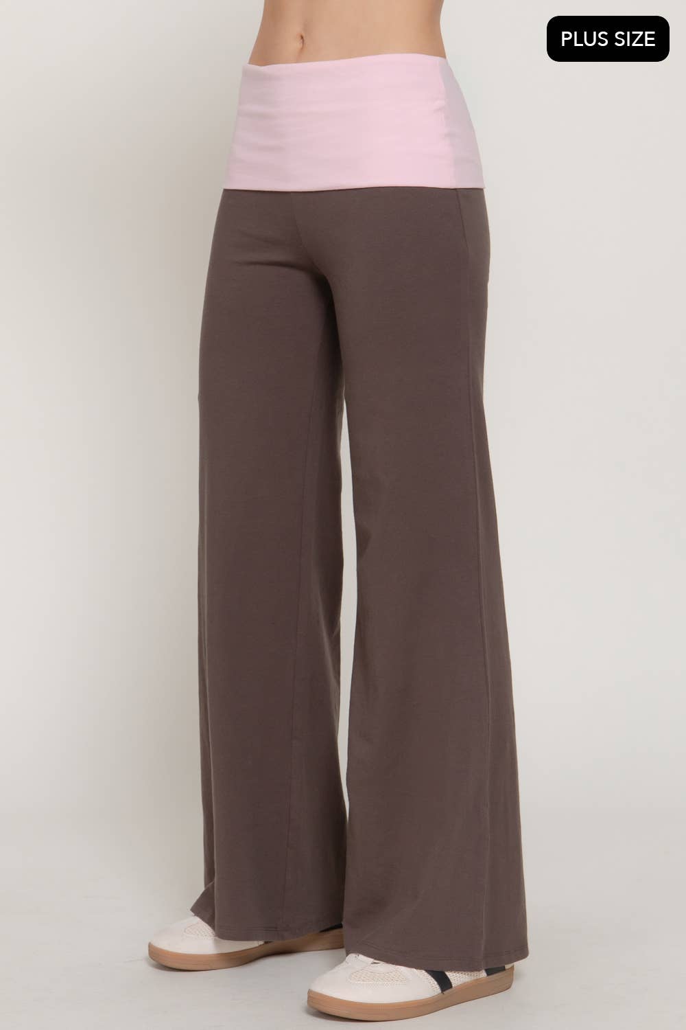 [PLUS SIZE] Contrasting Color Folded Waist Yoga Pants