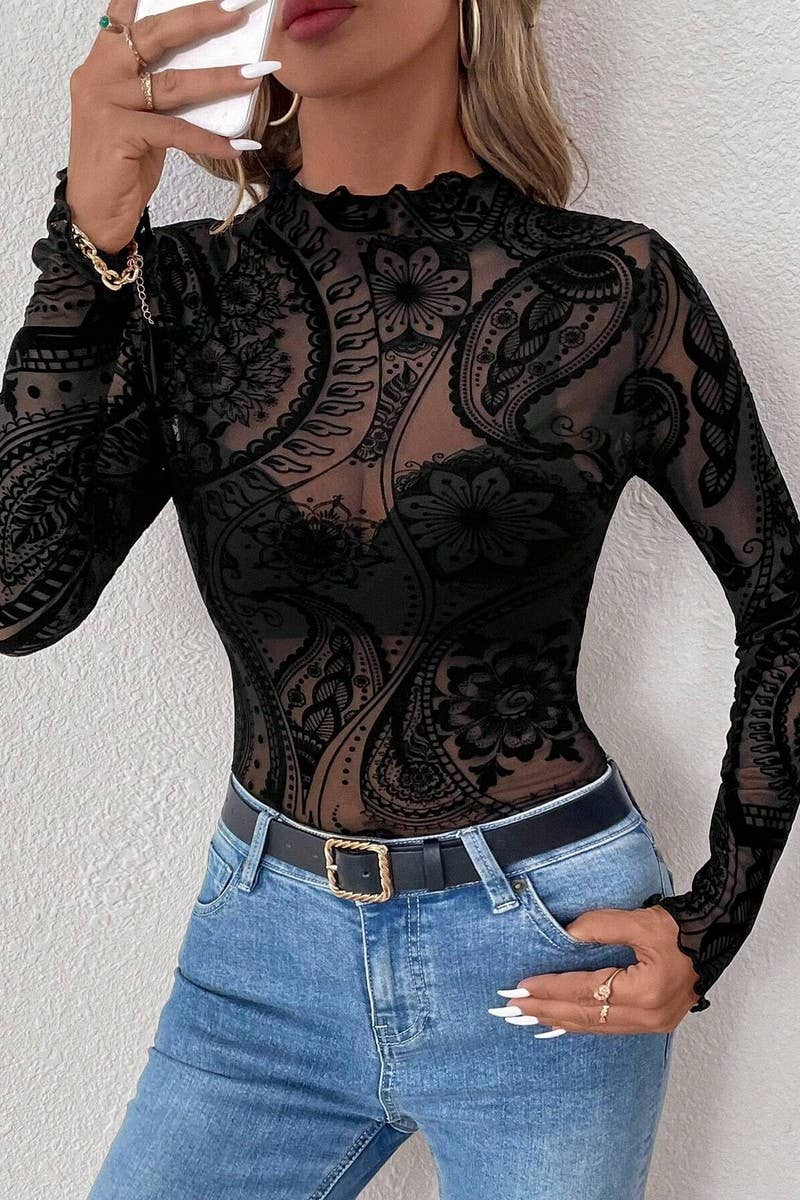 FLOCKED PRINTED MESH RUFFLED LONG SLEEVE TOP
