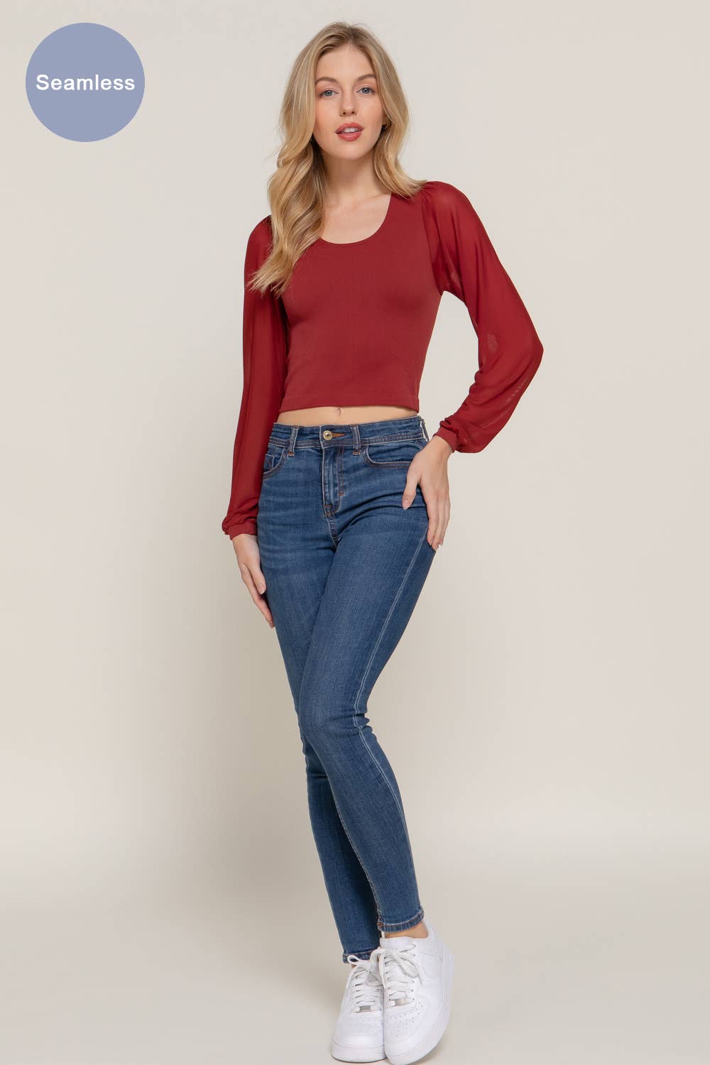 Mesh Long Sleeve Round Neck Seamless Top