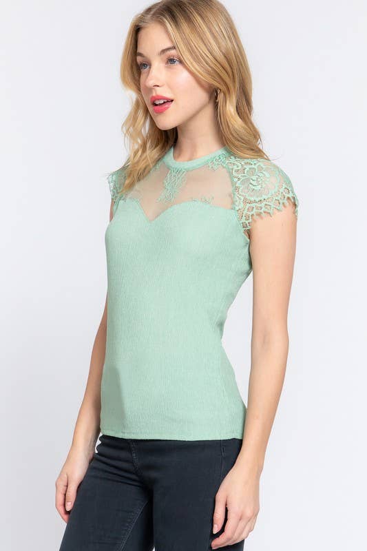 Lace Ruffle Slv Texture Knit Top