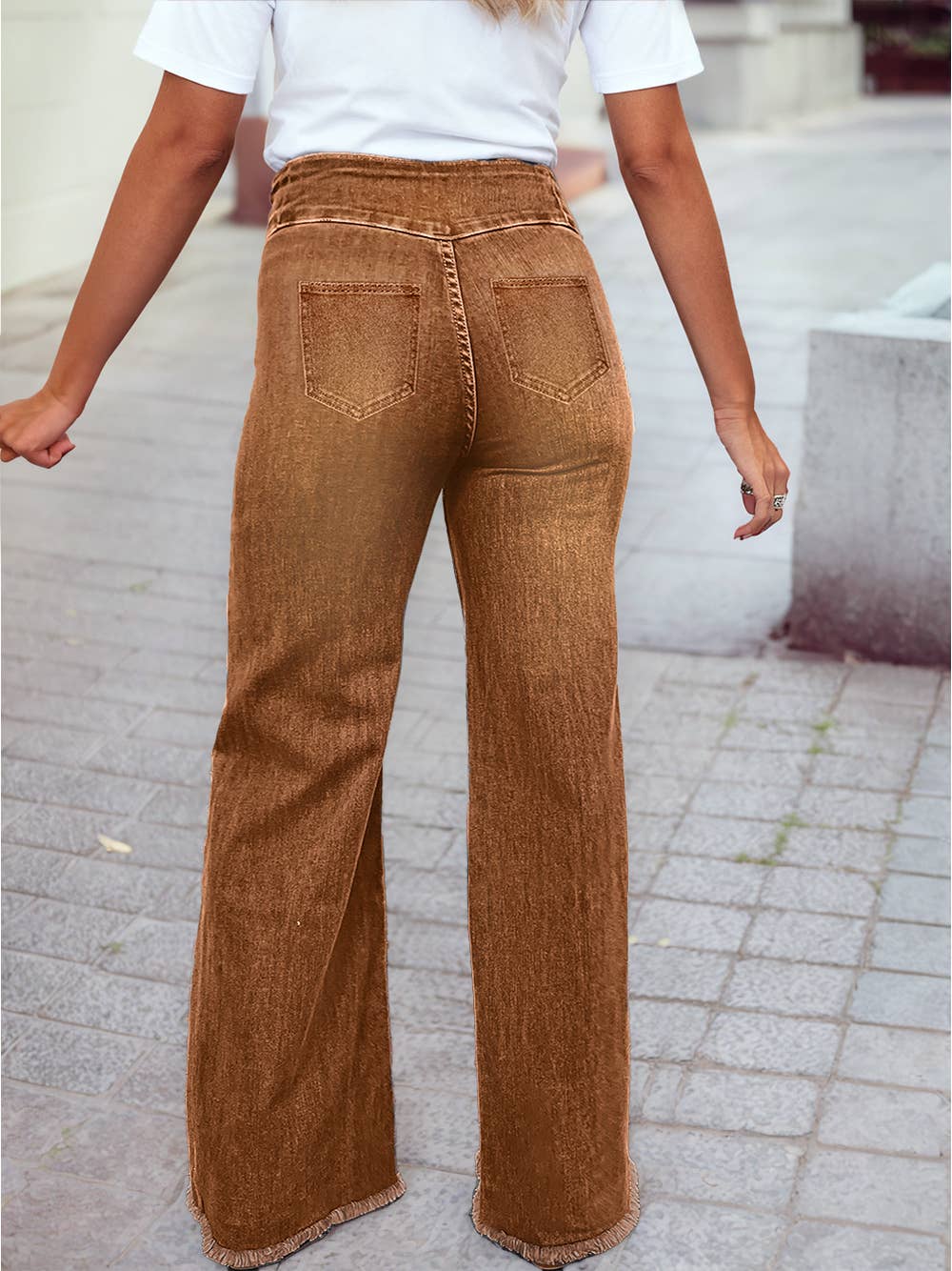 High Waist Button Fly Seamed Raw Hem Flare Jeans with Pocket