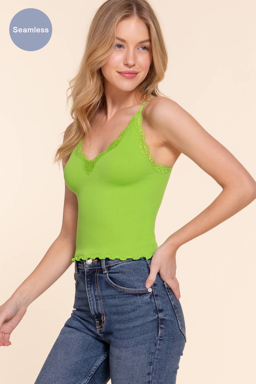V-neck Lace Detail Seamless Rib Knit Cami Top