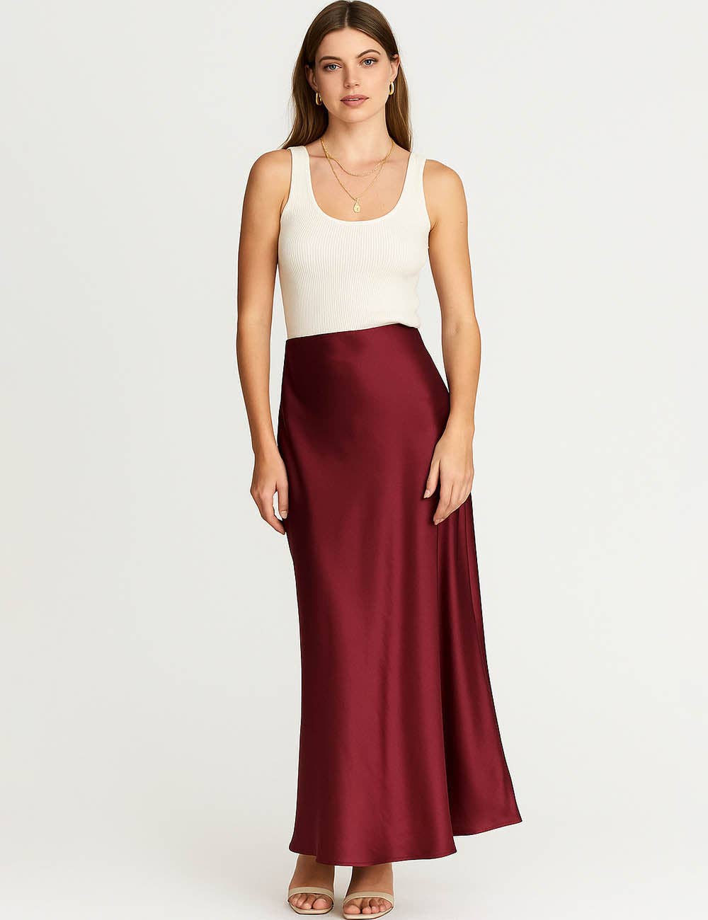 Ladies Solid Color Satin Midi Skirt