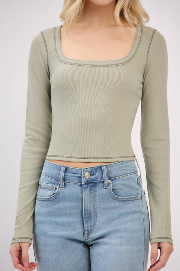 LONG SLEEVE SQUARE NECK RIBBED TOP W/ SCALLOP