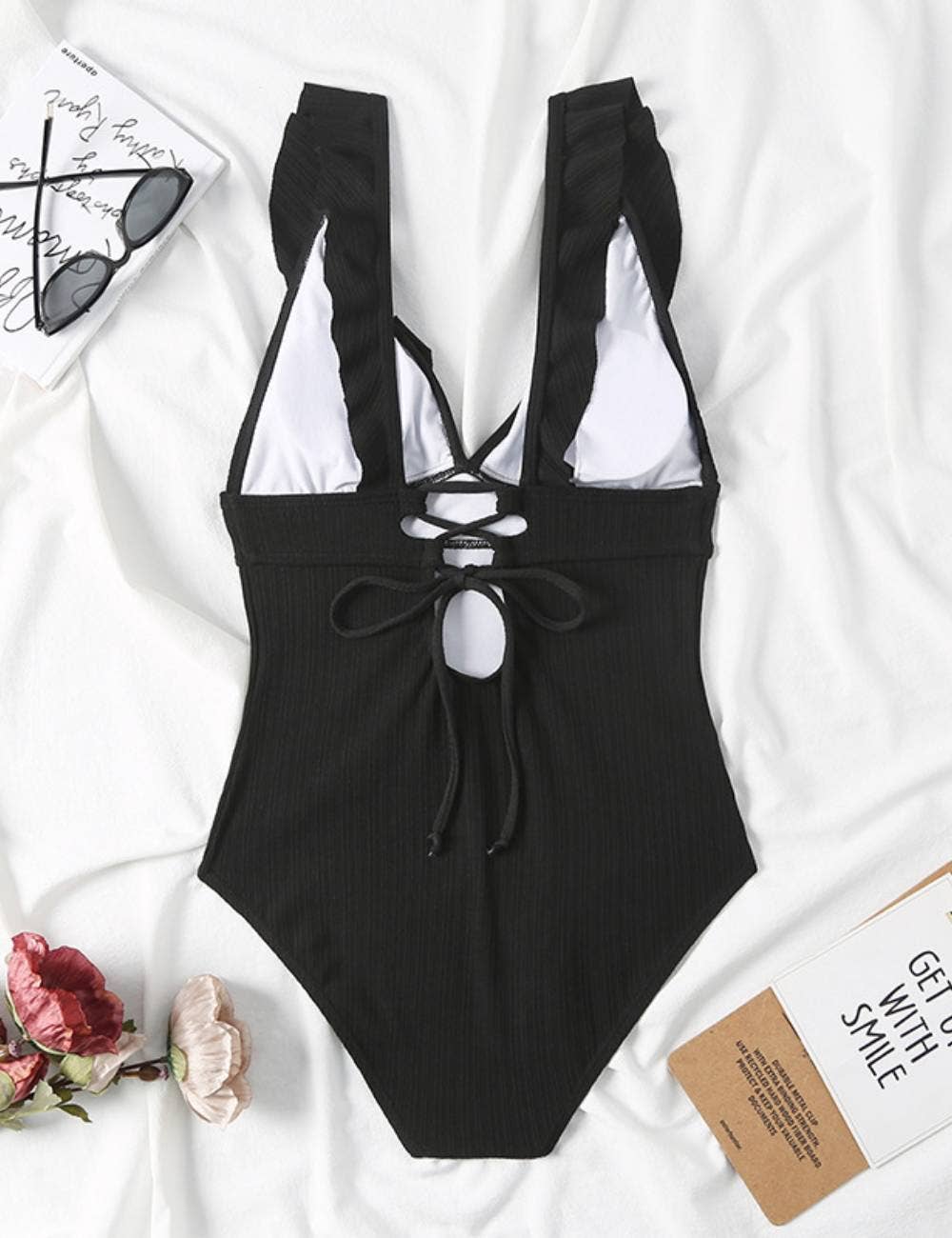 Ladies Rib Ruffle Neck One Piece Swimwear