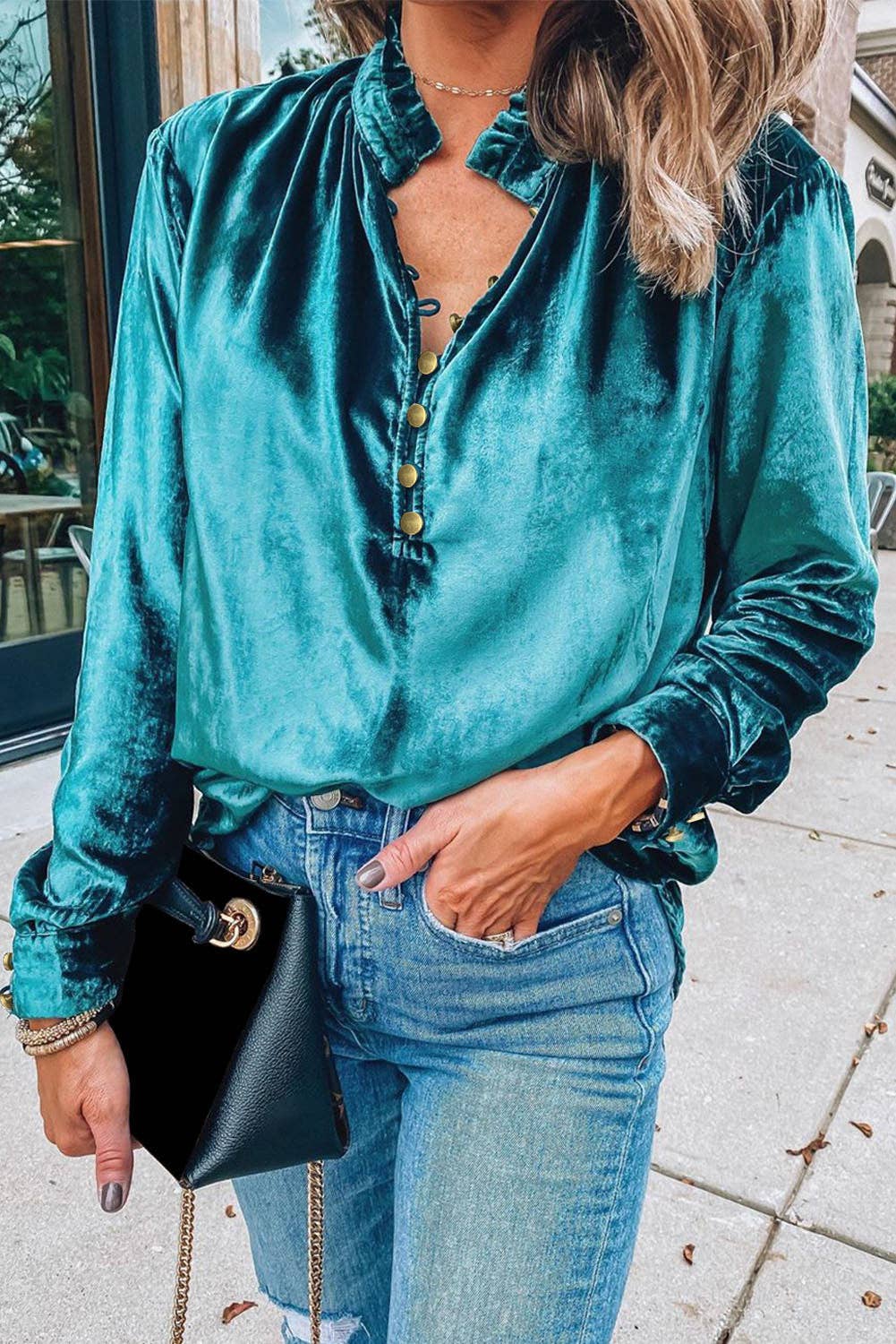 Ruffled Collar Button Front Velvet Blouse