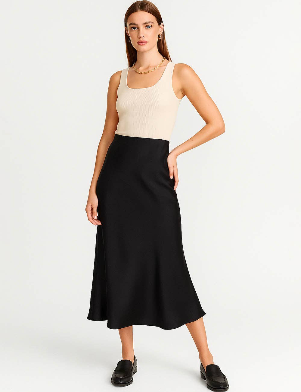 Ladies Solid Color Satin Midi Skirt