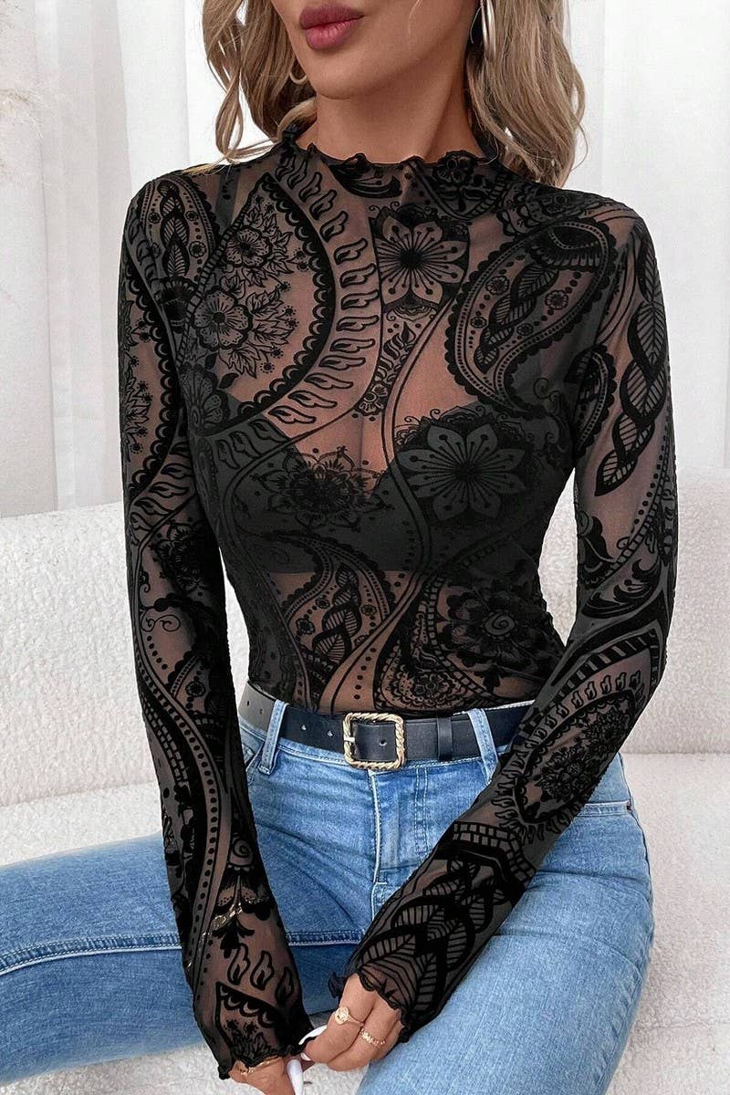 FLOCKED PRINTED MESH RUFFLED LONG SLEEVE TOP