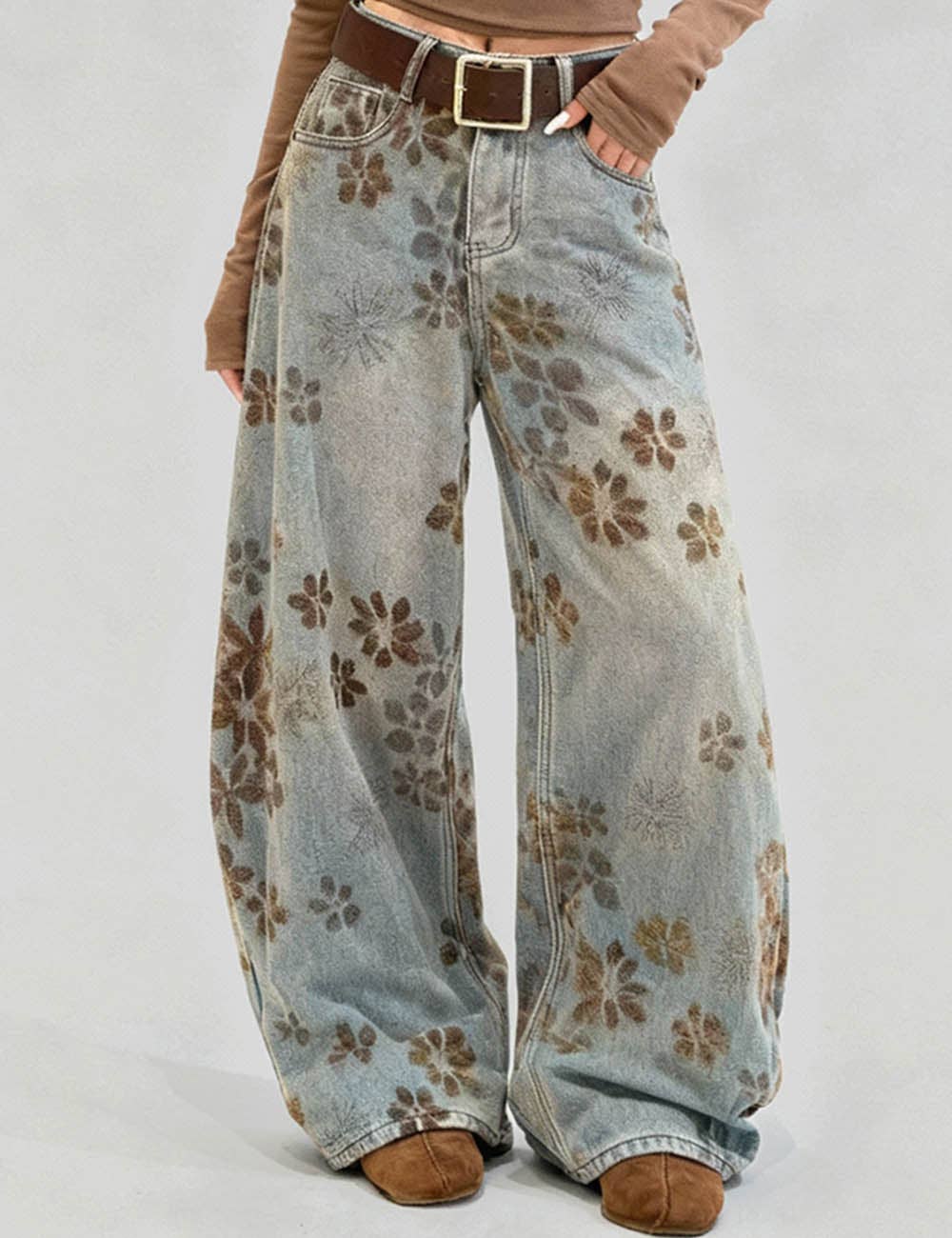 Ladies Velvet Floral Wide Barrel leg Denim Jean Pants