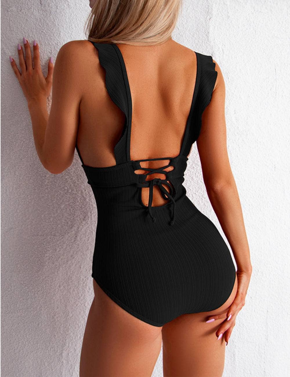 Ladies Rib Ruffle Neck One Piece Swimwear