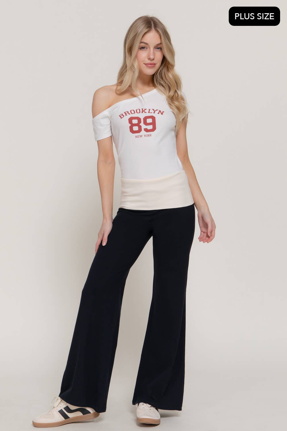 [PLUS SIZE] Contrasting Color Folded Waist Yoga Pants