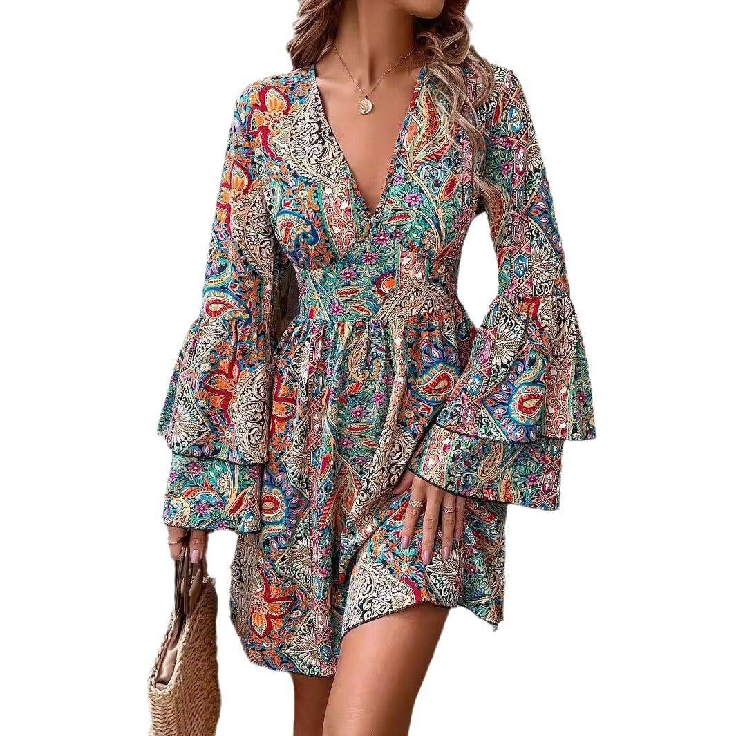 Floral Print V Neck Bell Sleeve Dress