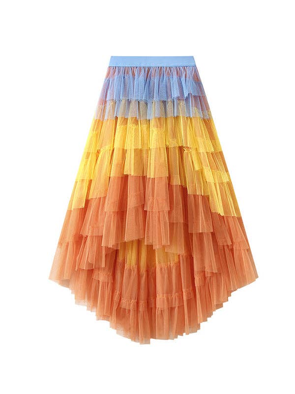 A-Line High-Low Contrast Color Elasticity Gauze Gradient Pleated Split-Joint Tiered Skirts