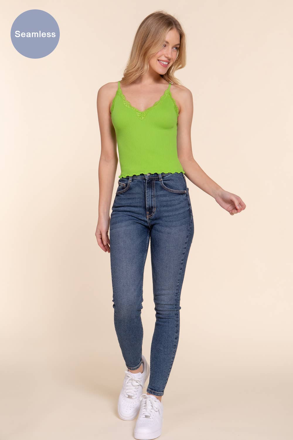 V-neck Lace Detail Seamless Rib Knit Cami Top
