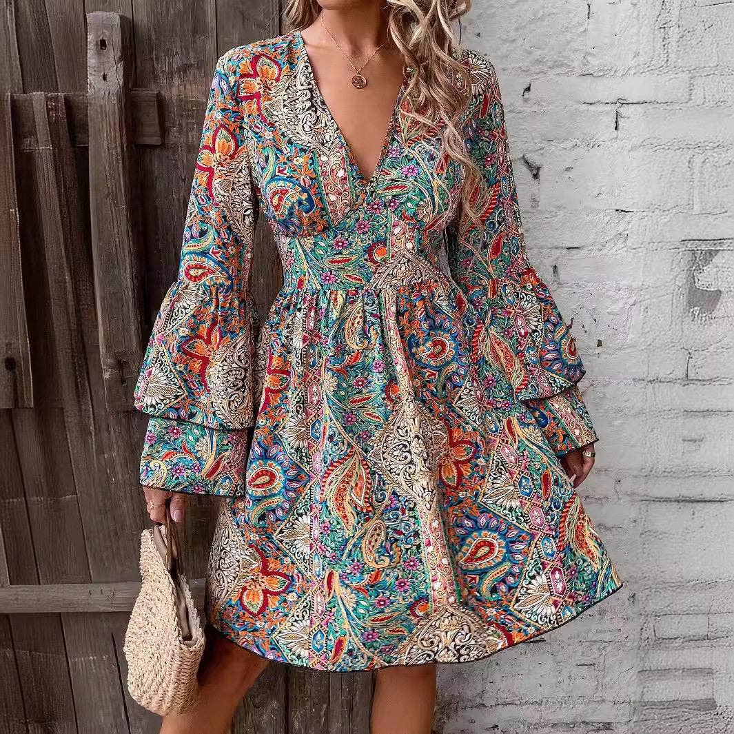 Floral Print V Neck Bell Sleeve Dress
