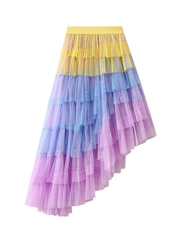 A-Line High-Low Contrast Color Elasticity Gauze Gradient Pleated Split-Joint Tiered Skirts