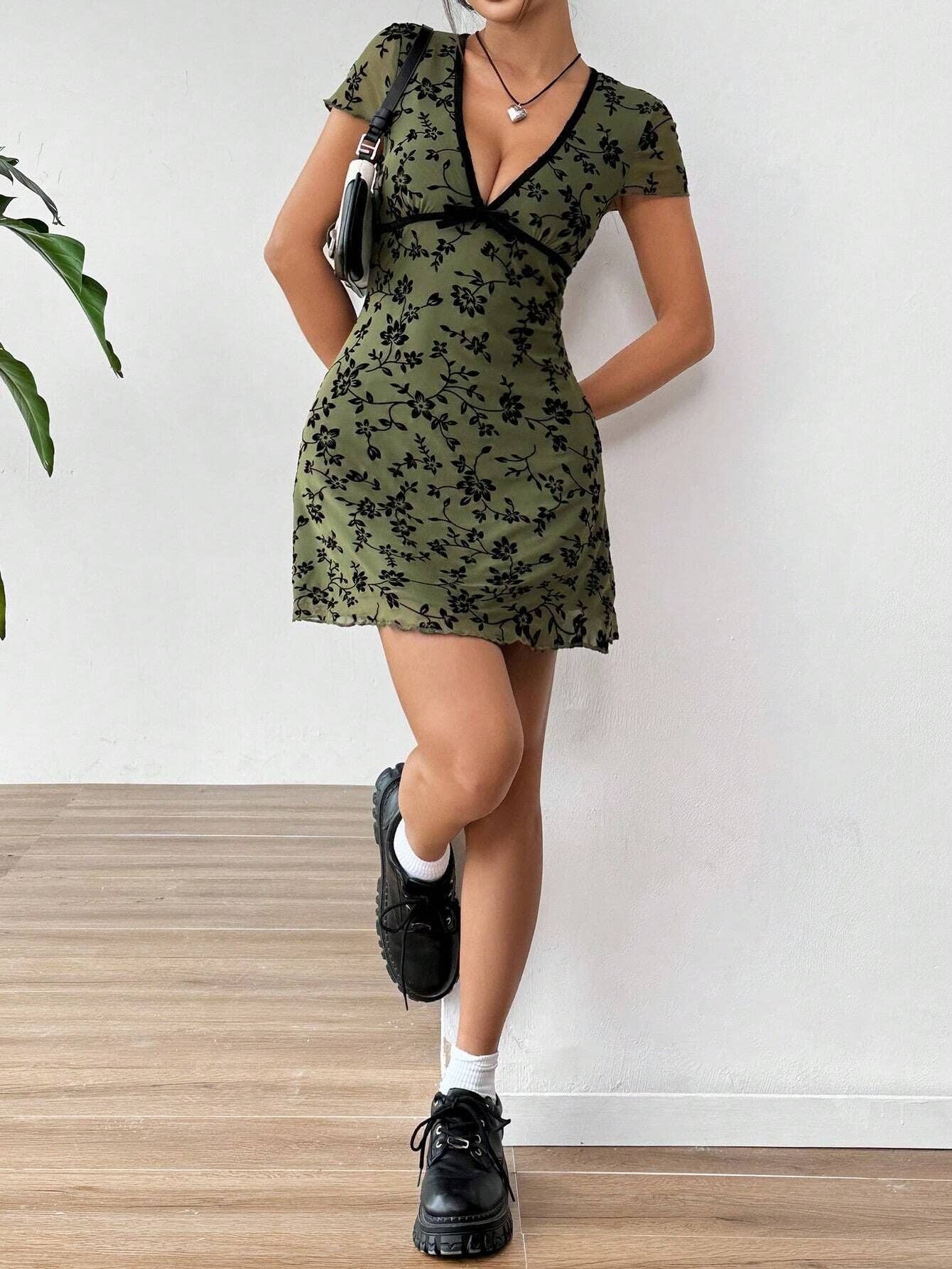 Floral Embroidery V-Neck A-Line Dress