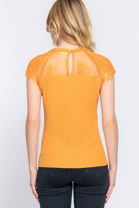 Lace Ruffle Slv Texture Knit Top