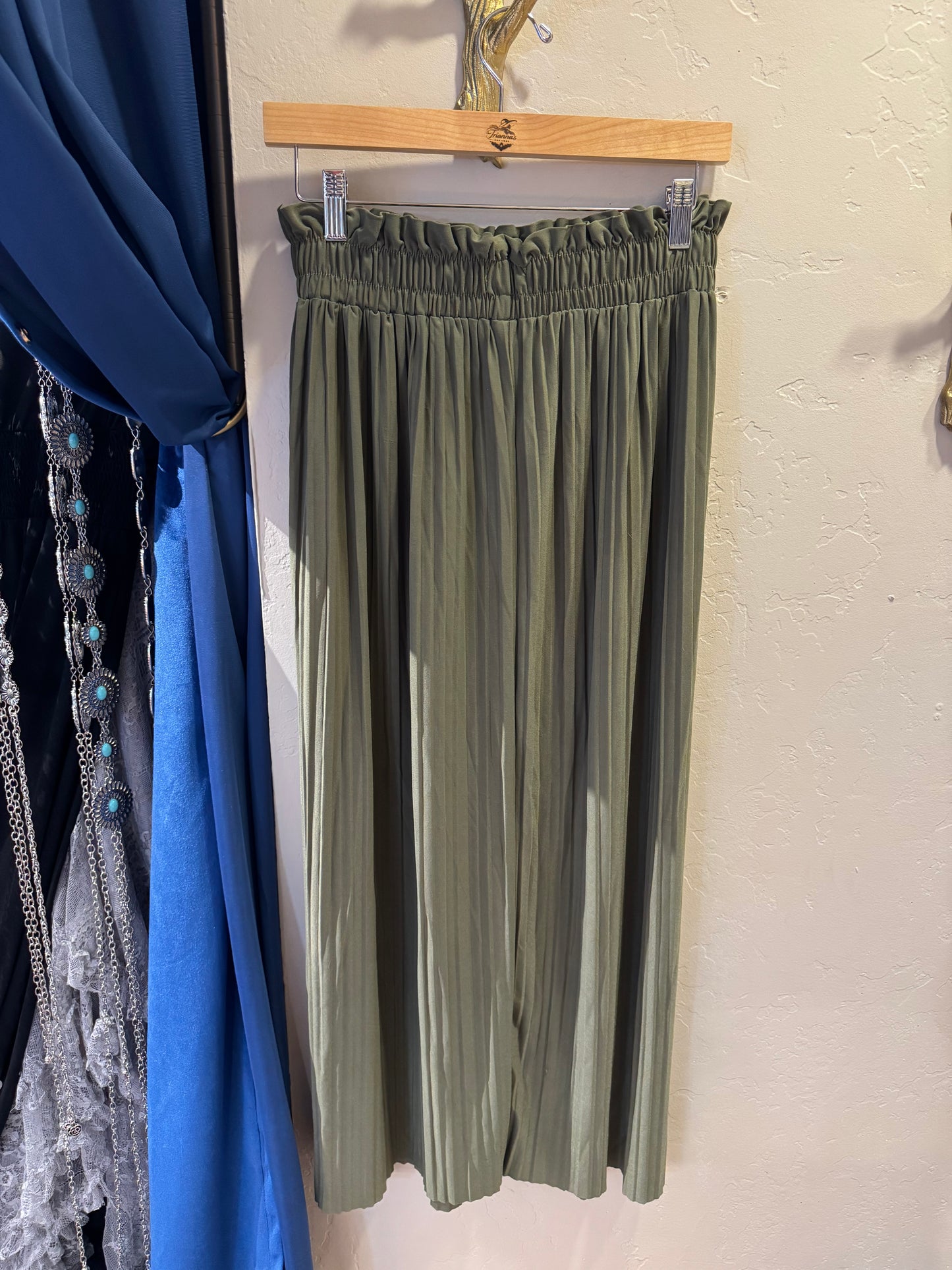 Green ruffle midi skirt