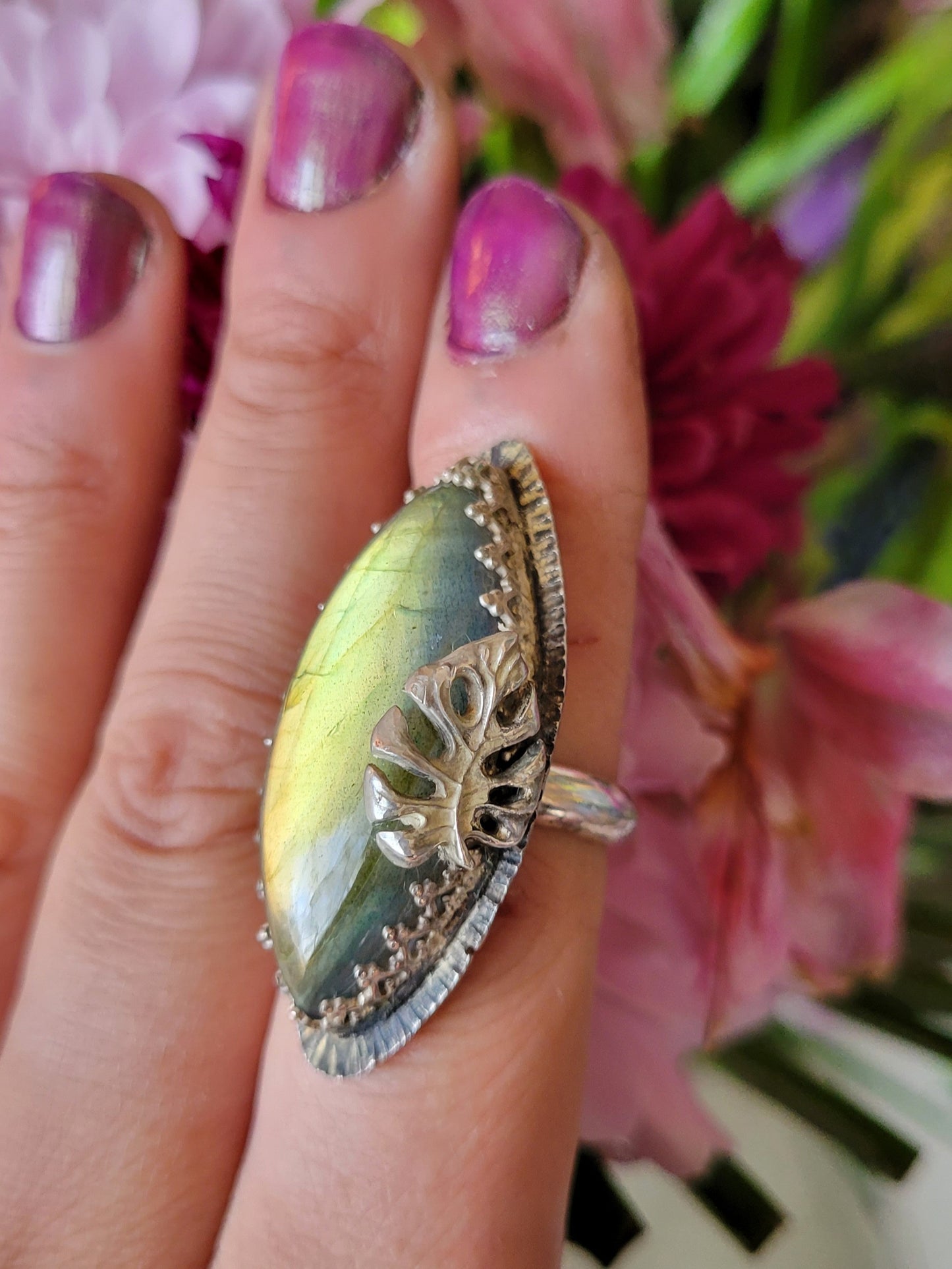 Labradorite and Monstera Ring, 7